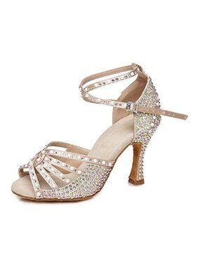 Rhinestone Satin Ballroom Dance Shoes Peep Toe Stiletto Heel